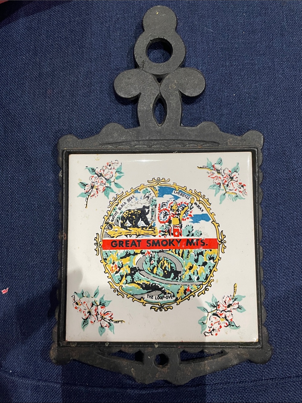 Vintage Great Smoky Mountains Ceramic Tile Trivet with Cast Iron Frame